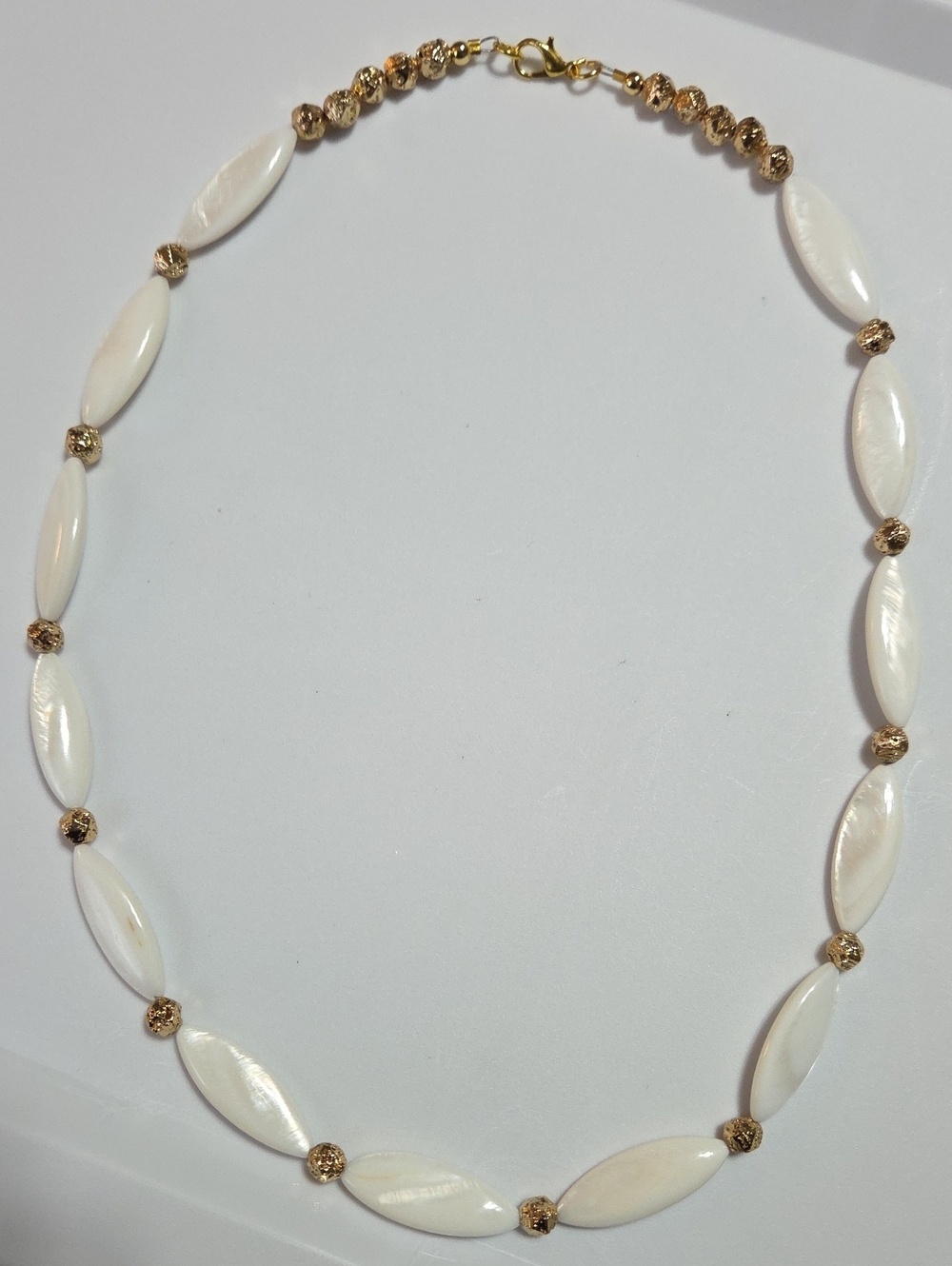 Handmade White Shell Bead Necklace Gold Tone Spacer Beads Coastal 21.5 Inch